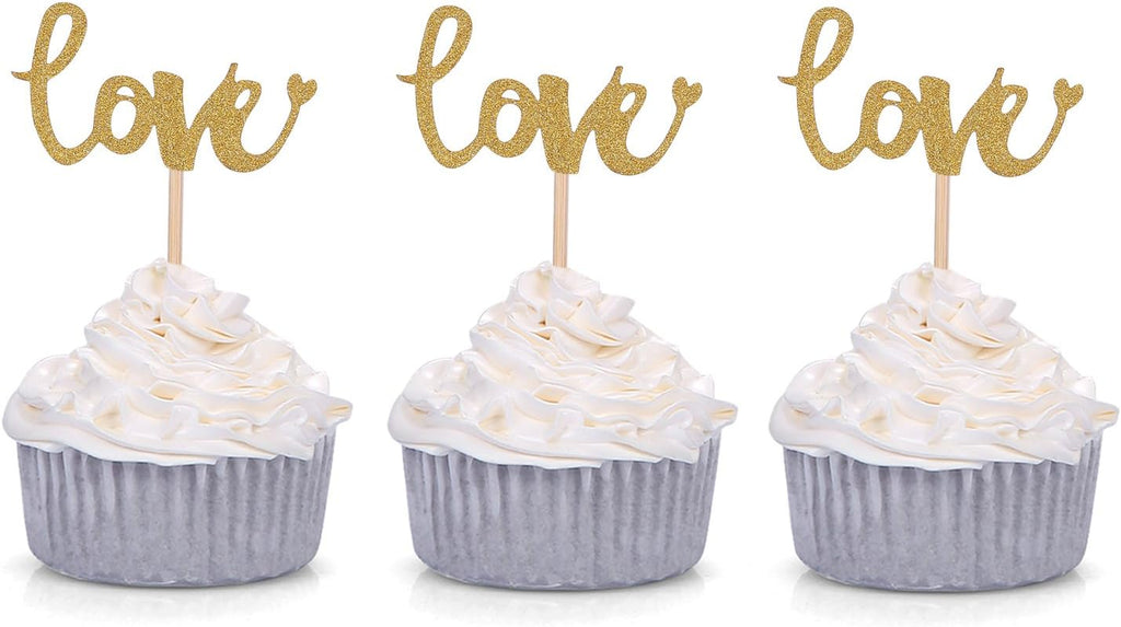 Set of 24 Golden LOVE Cupcake Toppers Wedding Party Decors Muffin Picks Party Dessert Bar Decorations - Pack of 24