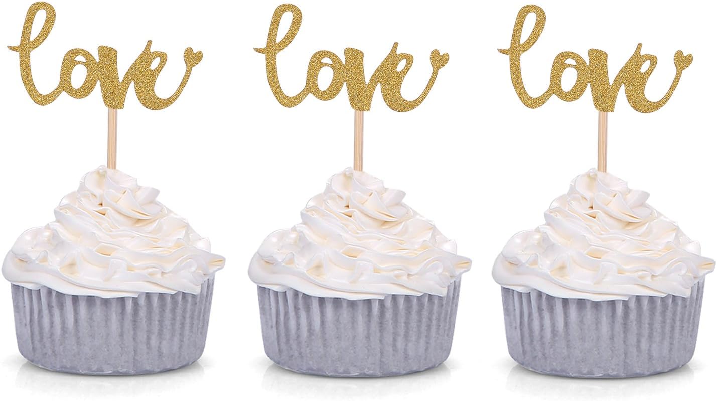Set of 24 Golden LOVE Cupcake Toppers Wedding Party Decors Muffin Picks Party Dessert Bar Decorations - Pack of 24