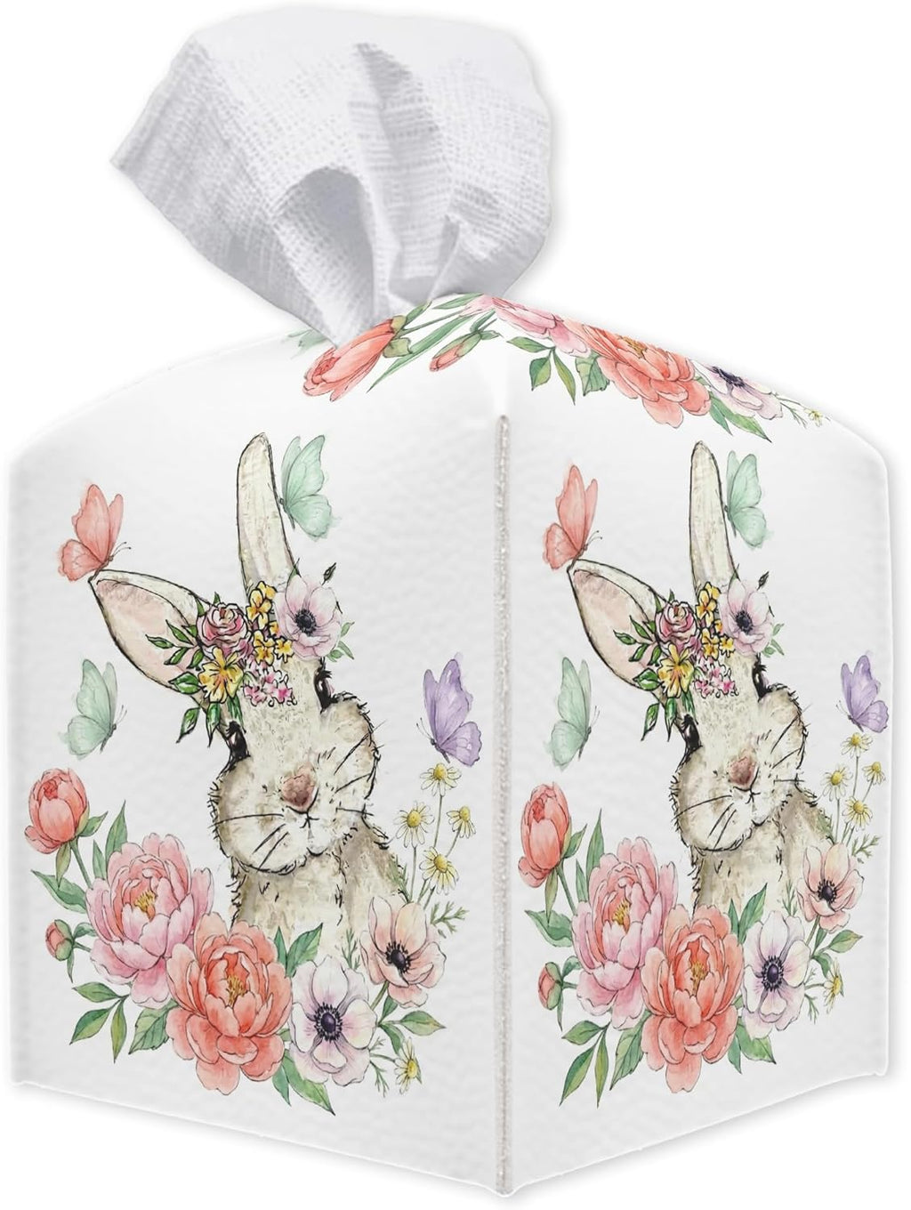 Easter Tissue Box Cover - Flower Rabbit Leather Tissue Holder Square Tissue Cube Box - Easter Decor for Night Stands, Vanity Countertop, Car, Office, Home Desk Tabletop Supplies & Decorations - A04