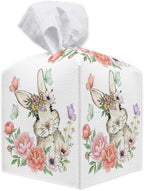 Easter Tissue Box Cover - Flower Rabbit Leather Tissue Holder Square Tissue Cube Box - Easter Decor for Night Stands, Vanity Countertop, Car, Office, Home Desk Tabletop Supplies & Decorations - A04