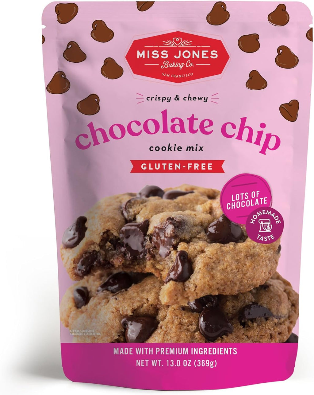 Miss Jones Baking Gluten-Free Chocolate Chip Cookie Mix - More Chocolate Chips, 50% Lower Sugar, Naturally Sweetened Desserts & Treats, 13 Ounce (Pack of 1)