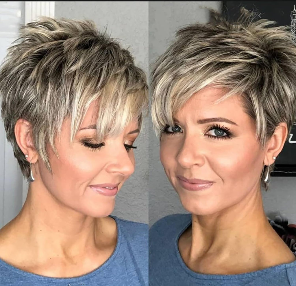 ccXrC Layered Gray Wavy Wigs for White Women Short Hair Ombre Gray Pixie Synthetic Wig Natural Curly Short Hairstyle for Older Women Natural Looking Daily Party Wig