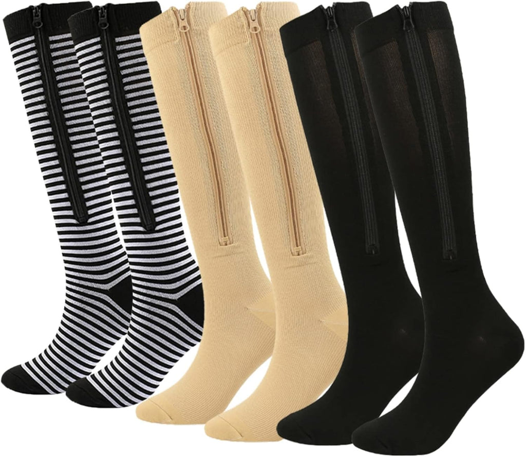Valcatch 3 Pairs Zipper Compression Socks for Women Men 20-30 mmHg Support Hose Stockings Calf Knee High Running Walking