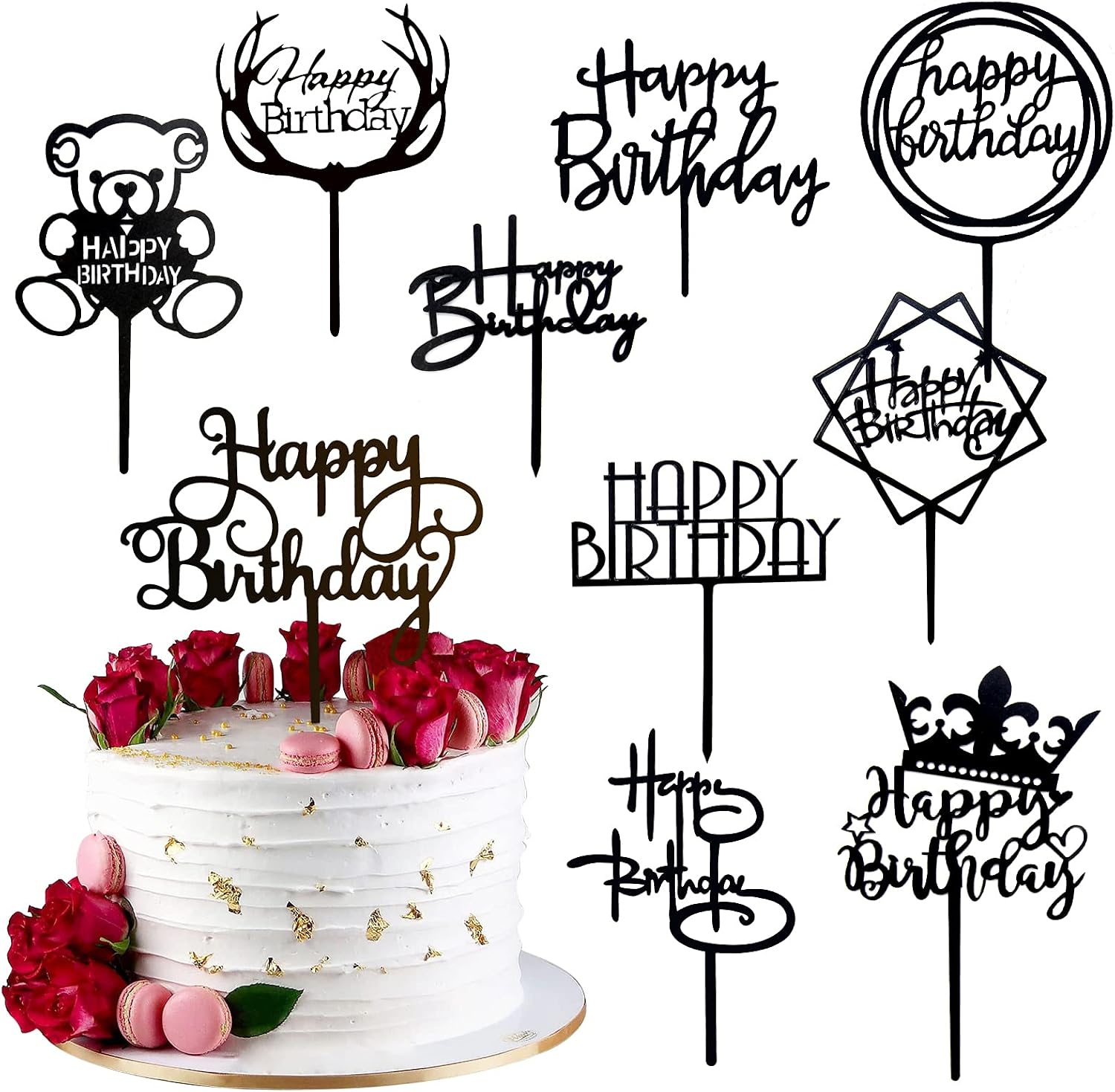 20PCS Black Acrylic Happy Birthday Cake Toppers Set for Boys Girls Women Men Birthday Party Decorations Supplies
