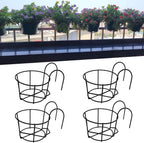 4 Pack Round Hanging Railing Planters, Flower Pot Holders, Metal Pot Plant Basket, Shelf containers for Indoor and Outdoor use (Black)