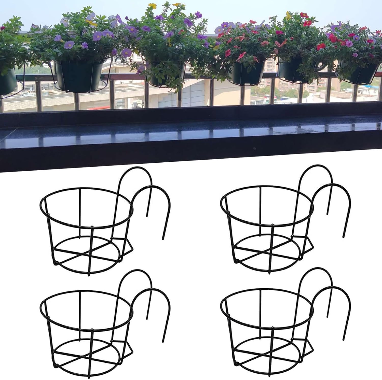 4 Pack Round Hanging Railing Planters, Flower Pot Holders, Metal Pot Plant Basket, Shelf containers for Indoor and Outdoor use (Black)