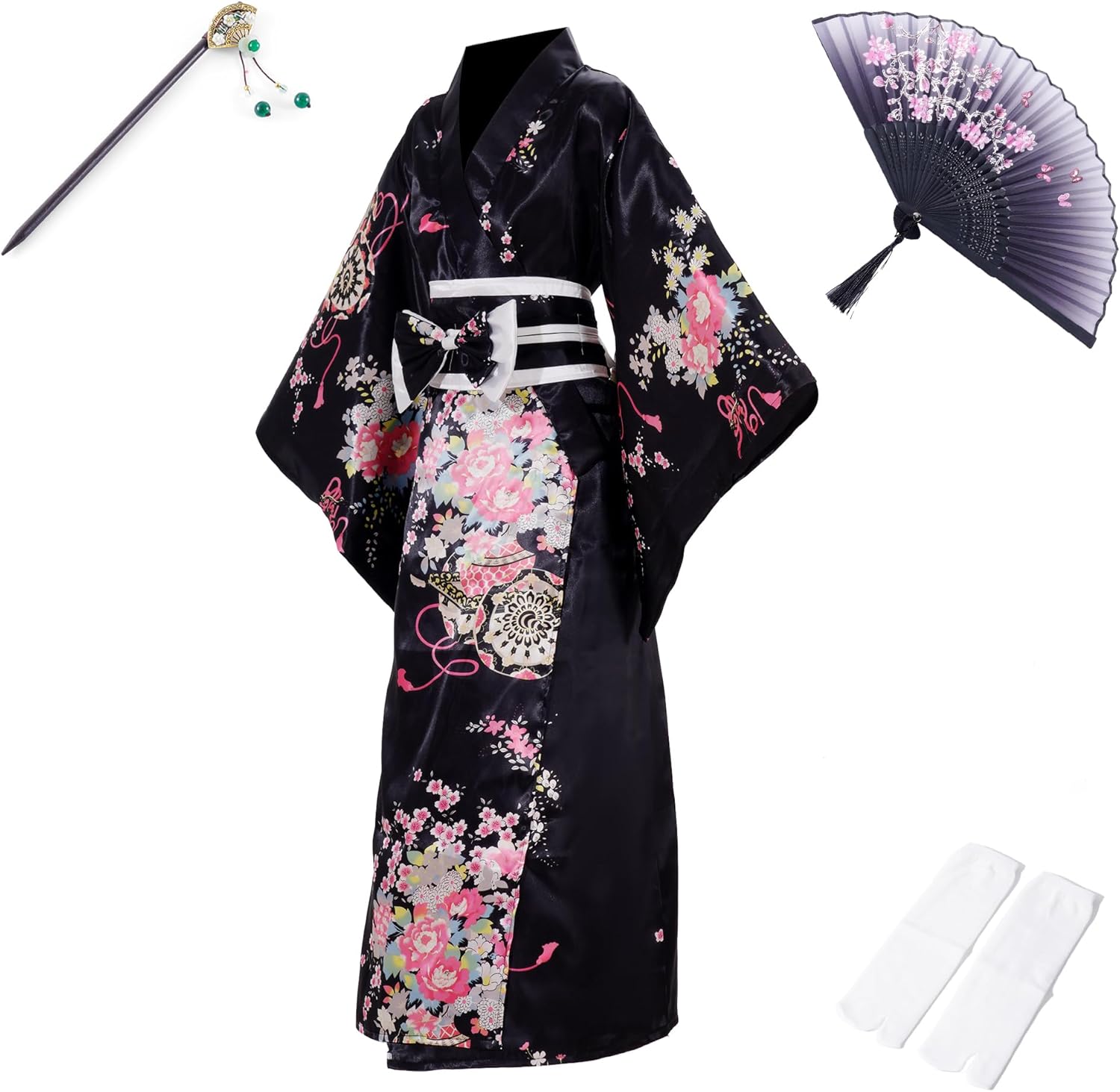Kimonos for Women Japanese Style Satin Kimono Robe with Bow Belt Fan Hair Accessory and Tabi Socks