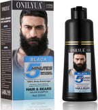 Men's Long-Lasting Black Hair Dye & Root Touch Up for Gray Coverage - 5 Minute Natural Beard & Mustache Coloring Shampoo 3-in-1