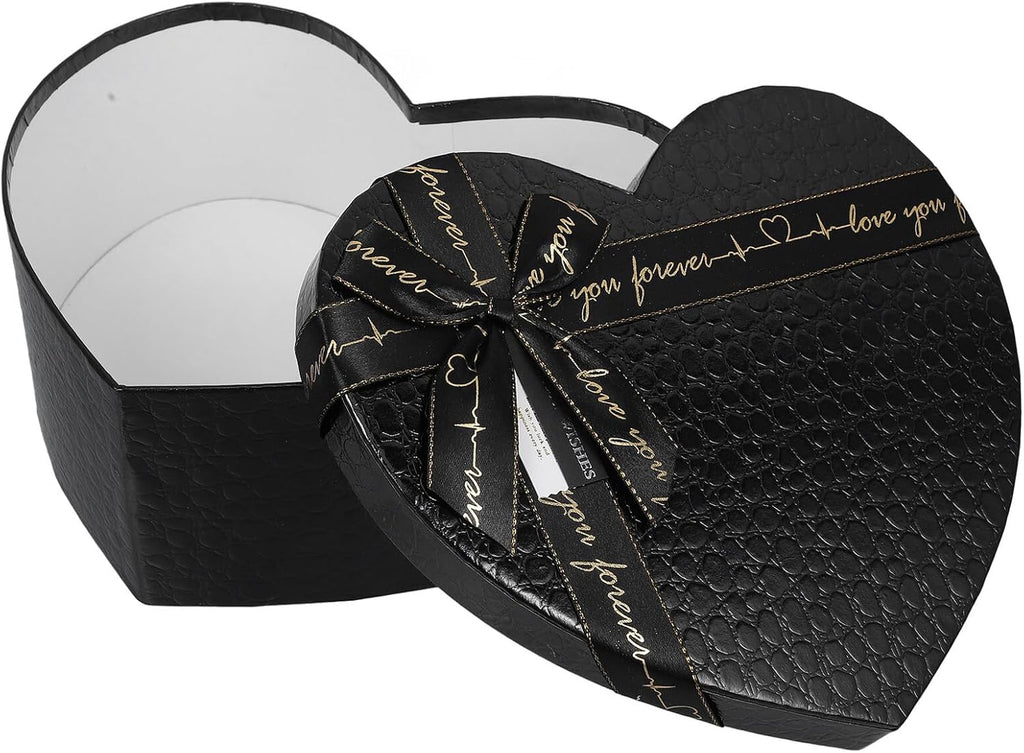 PRETYZOOM Heart Shaped Black Box with Bowknot Lid for Valentines Day Chocolate Candy Flower Packaging, Anniversary Present Box for Weddings and Birthdays