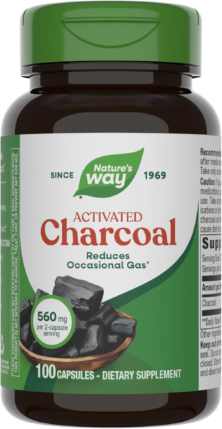 Nature's Way Activated Charcoal, Binds Unwanted Materials and Gas in the Digestive Tract*, 560 mg per 2-Capsule Serving, 100 Capsules (Packaging May Vary)