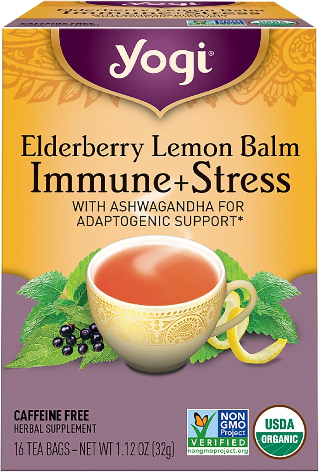 Yogi Tea, Tea Immune Stress Elderberry Lemon Balm Organic, 16 Count