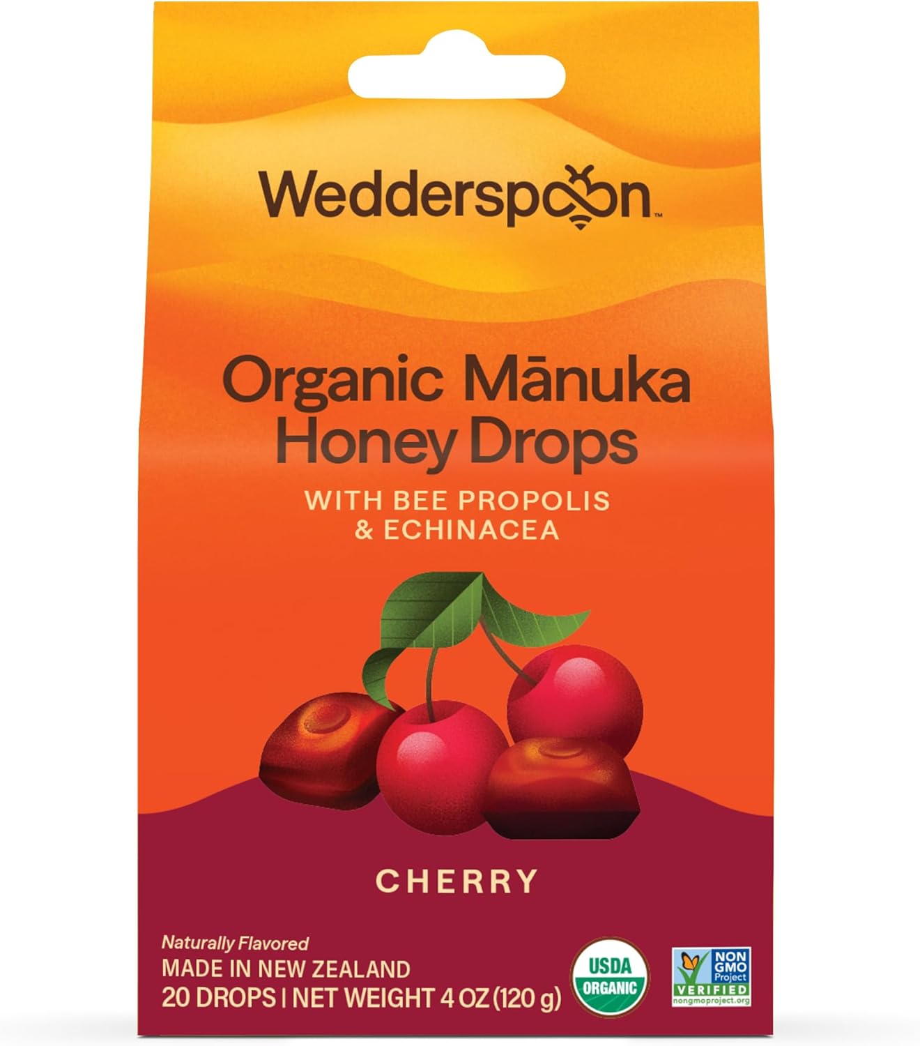 Wedderspoon Organic Manuka Honey Drops, Cherry, Bee Propolis & Echinacea, 20 Count, USDA Organic, Genuine New Zealand Honey, Natural Remedy for Dry Throat