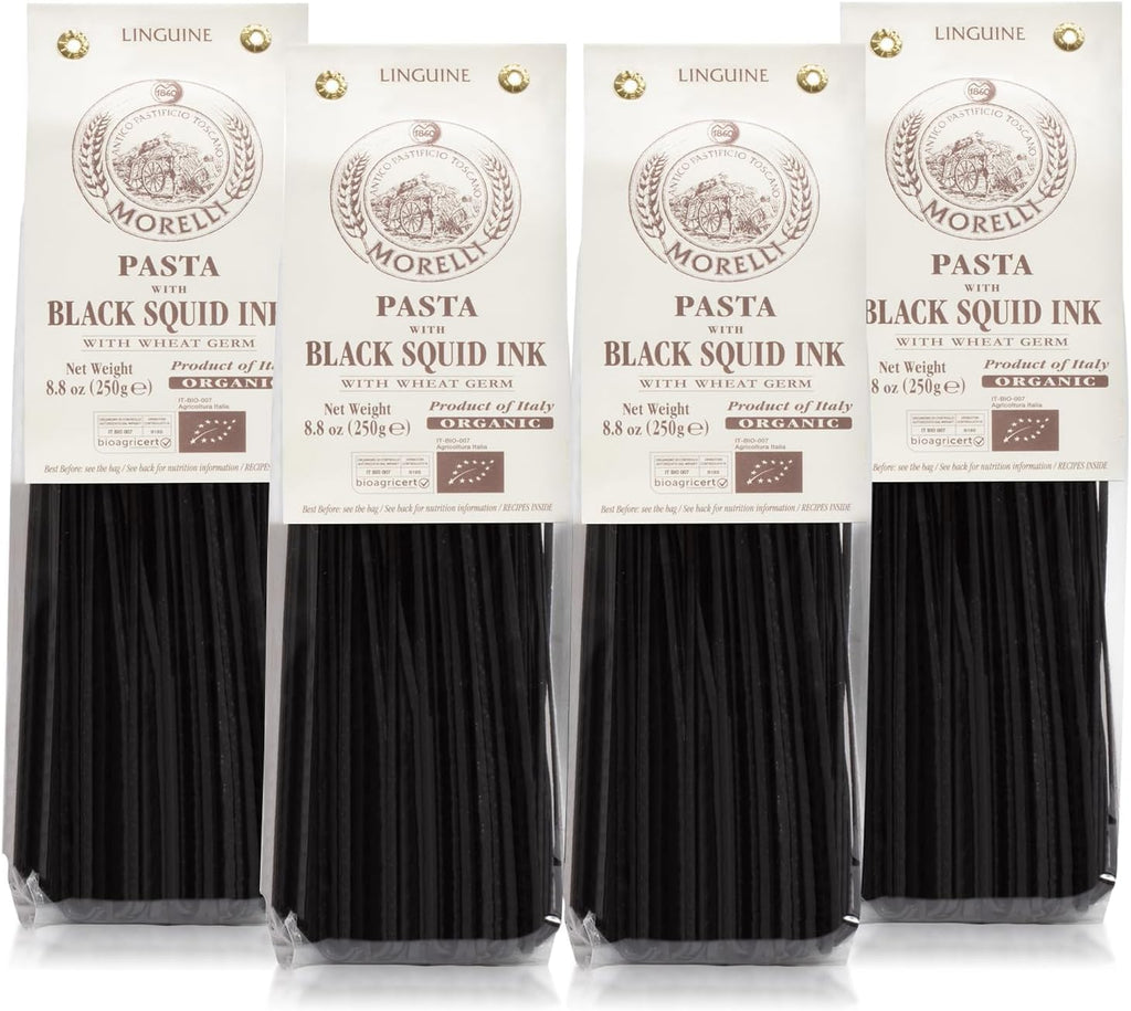 Morelli Squid Ink Pasta Linguine - Organic Black Pasta Noodles, Durum Wheat Semolina, Italian Nero Di Seppia Made in Italy - 8.8 oz / 250 g (Pack of 4)