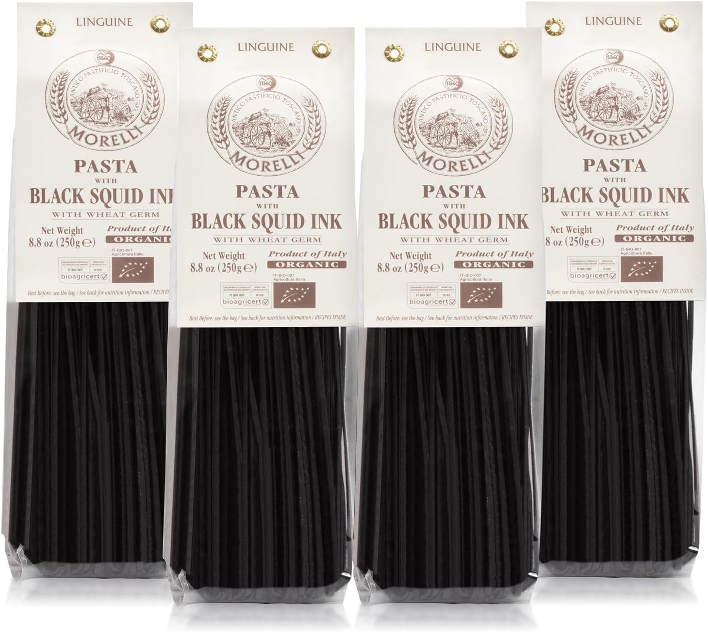 Morelli Squid Ink Pasta Linguine - Organic Black Pasta Noodles, Durum Wheat Semolina, Italian Nero Di Seppia Made in Italy - 8.8 oz / 250 g (Pack of 4)