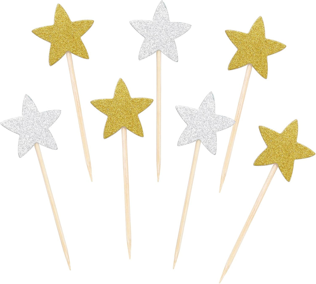 50 Pcs Star Cupcake Toppers Glitter Twinkle Star Cupcake Picks for Wedding Baby Shower Birthday Party(Gold,Silver)