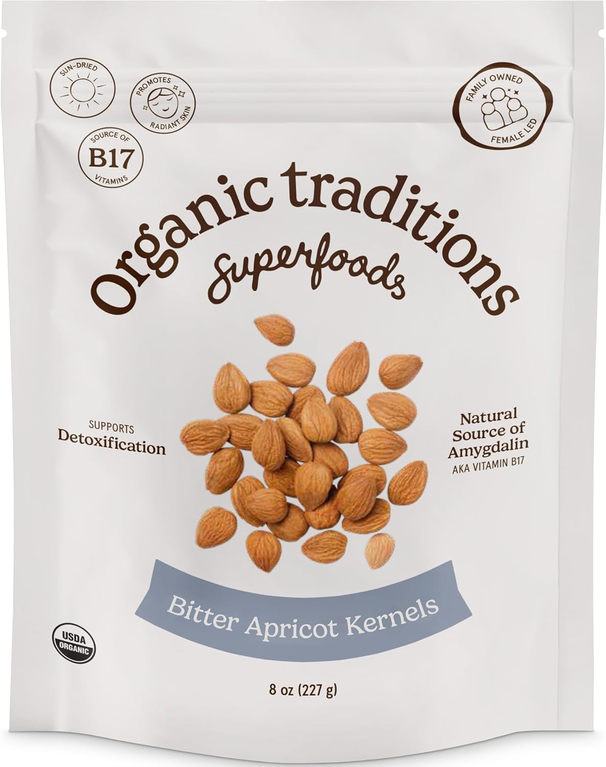Organic Traditions Apricot Kernels, Organic Apricot Seeds, Sundried Sweet and Bitter Taste, Vegan, Source of Vitamin B17, Non GMO, Whole Foods Delivery, Plant Based for Snacking and Blending, 8 oz