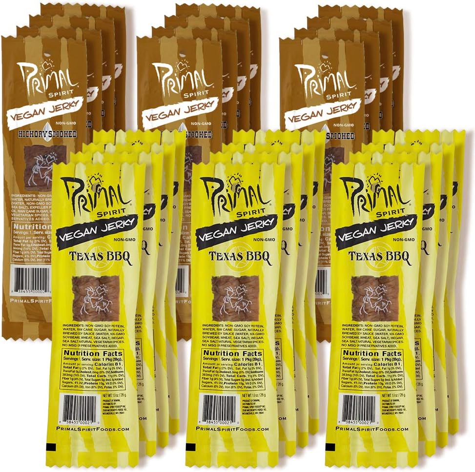 Primal Spirit Vegan Jerky - Soy Protein Energy Pack, 10 g. Plant Based Protein, Certified Non-GMO, No Preservatives, Sports Friendly Packaging The Classics Hickory Smoked and Texas BBQ (24-Pack, 1 oz)