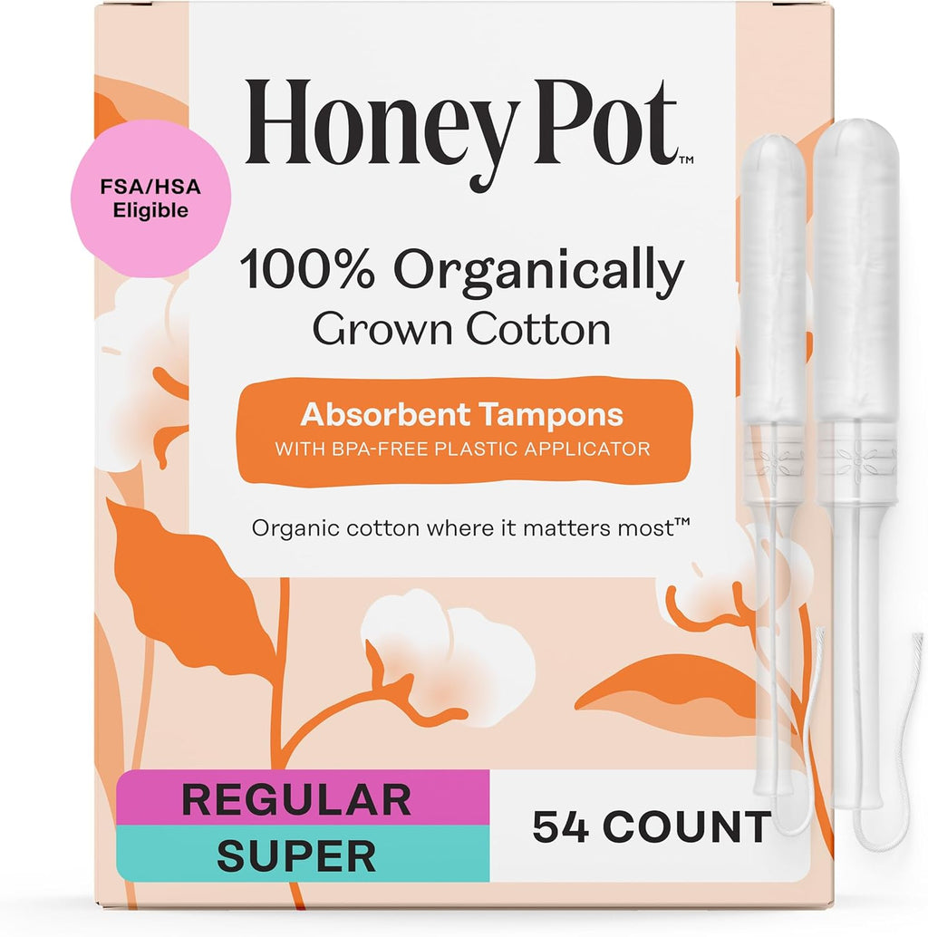 The Honey Pot Company - Multipack -100% Organic Cotton Core Tampons w/Bio Plastic Applicator - Regular & Super Absorbency - Unscented - Feminine Care - 54 Count (3 Packs of 18)