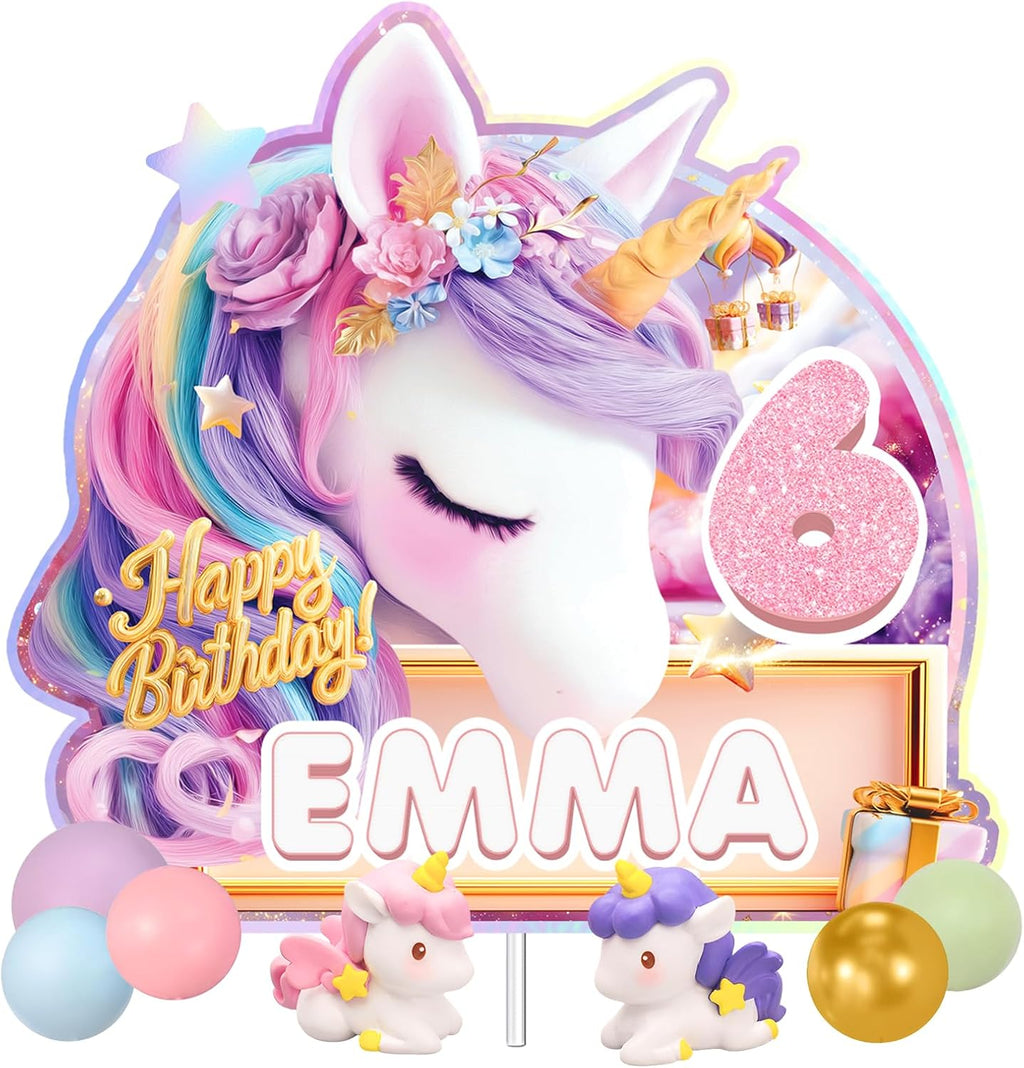 Unicorn Happy Birthday Cake Toppers for Girls 3D Glitter Layered Personalized Custom Name Age Pastel Pink Purple Gold Rainbow 1 2 3 4 5 6 Year Old Magical Forever DIY Decoration Decorating Kit