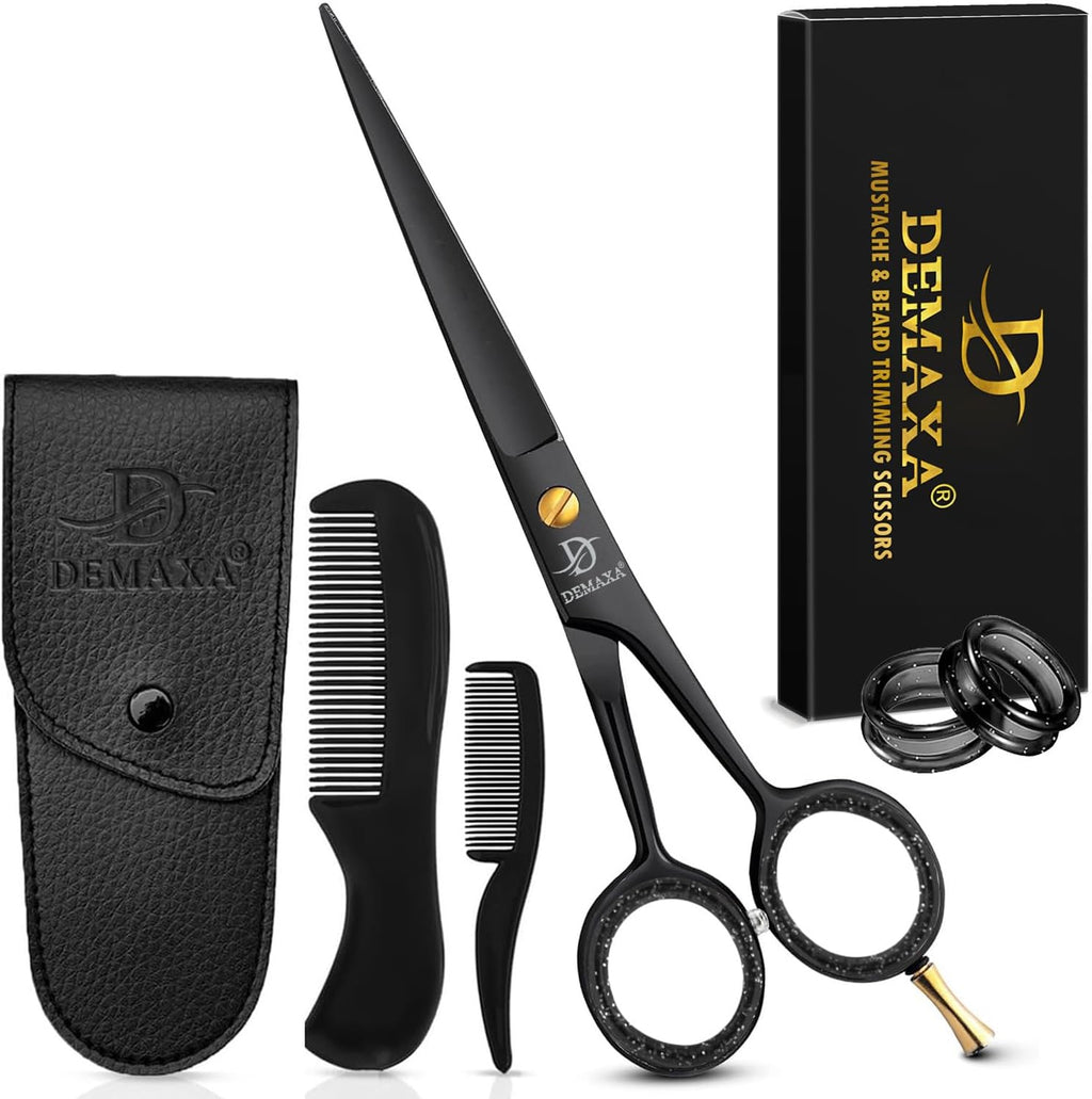 DEMAXA 5" Professional Beard Scissors for men Mustache Scissors with 1 Mustache Comb, 1 Beard Comb & Soft Pouch – Prefect Beard shears mustache kit for All Facial Hair – moustache Grooming kit for Men