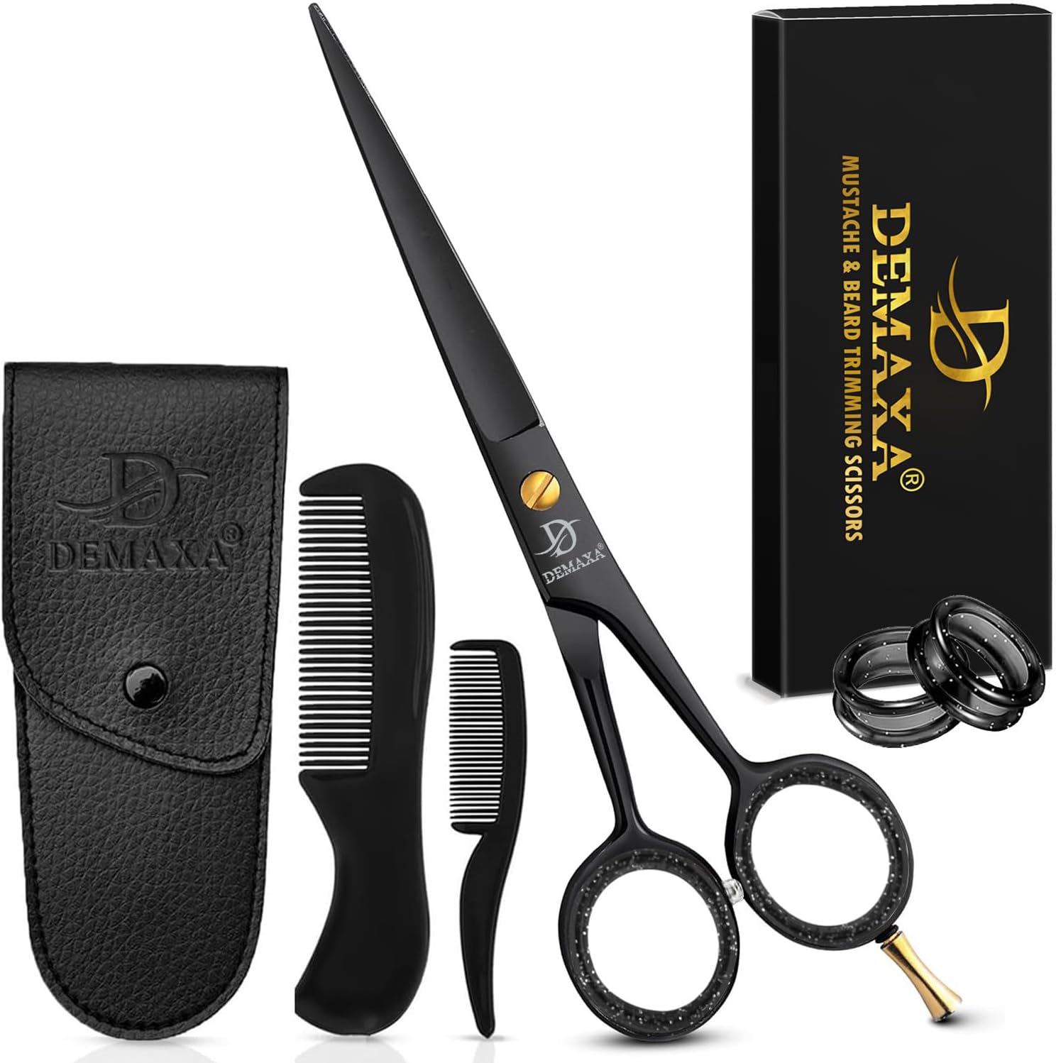 DEMAXA 5" Professional Beard Scissors for men Mustache Scissors with 1 Mustache Comb, 1 Beard Comb & Soft Pouch – Prefect Beard shears mustache kit for All Facial Hair – moustache Grooming kit for Men