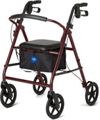 Medline Aluminum Rollator Walker with Seat, Folding Mobility Rolling Walker has 8 inch Wheels, Burgundy