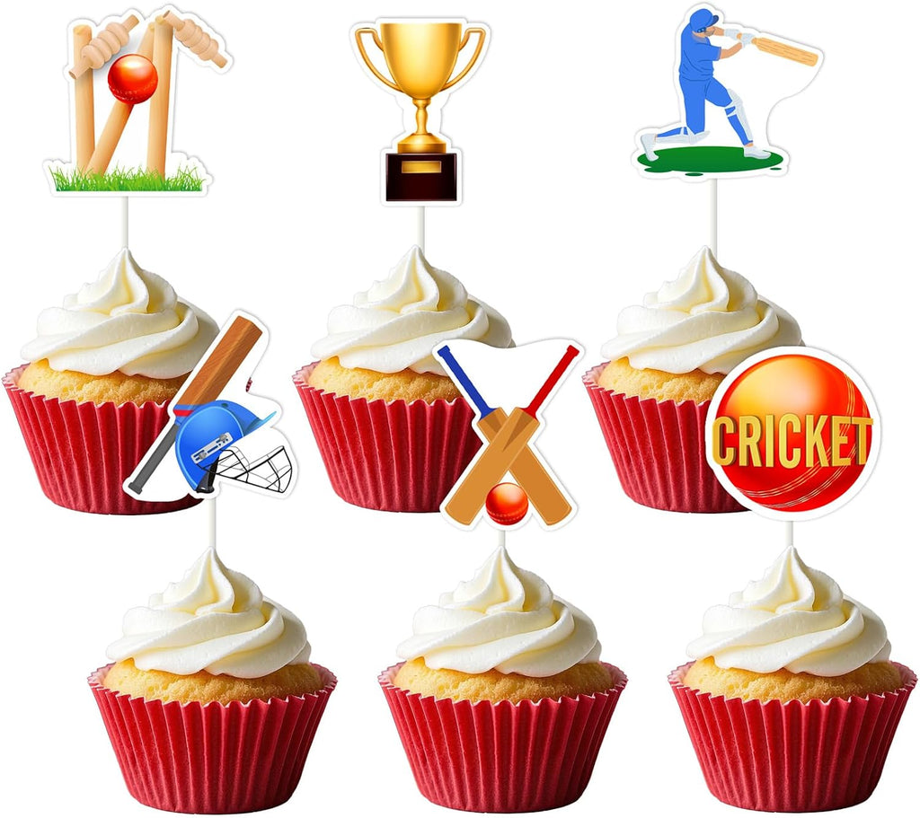 24Pcs Cricket Cupcake Toppers Cricket Theme Party Decorations Sports Ball Cricket Cupcake Picks Double Sided Printing Cake Decorations for Baby Shower Boys Girls Birthday Party Supplies