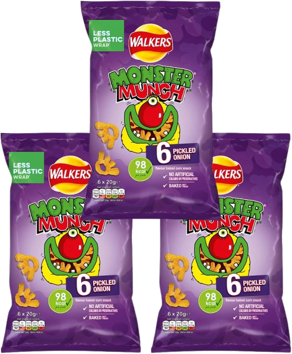 Walkers Monster Munch Pickled Onion Flavored Corn Snacks, 6 Pack Multipack, 20g Bags, Low Calorie Baked Puffs, Pack of 3, Room Temperature Storage