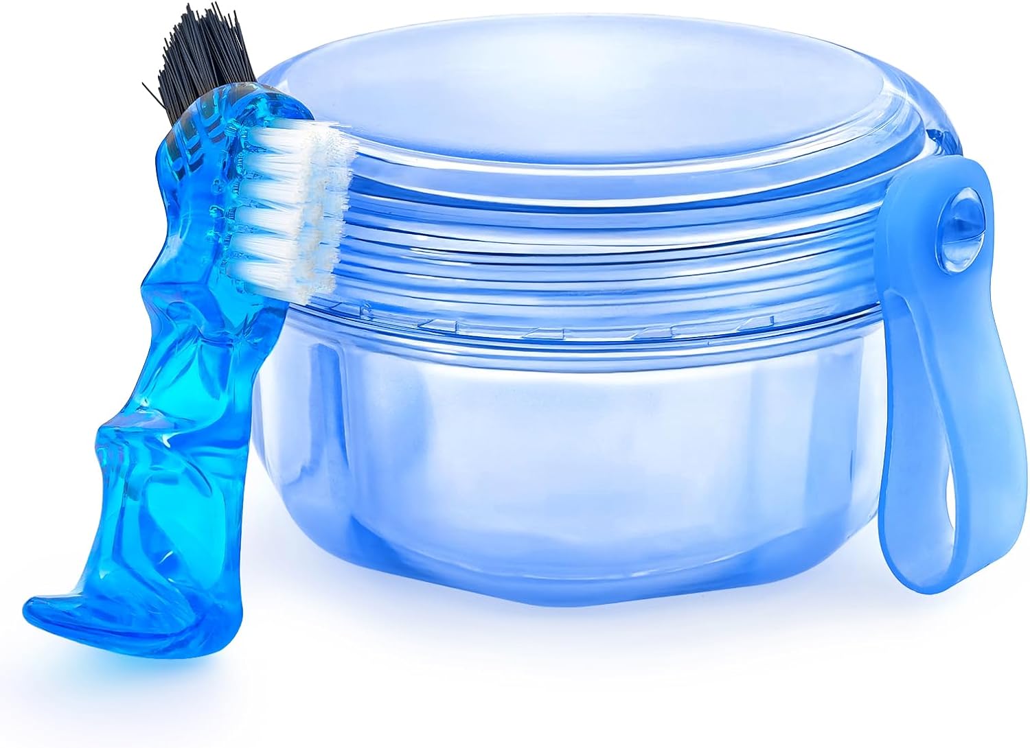 No Leak Partial Denture Case Retainer Bath Box Cup, Denture Soaking Cup False Teeth Holder Box Case with Strainer Basket and Brush - Transparent Blue