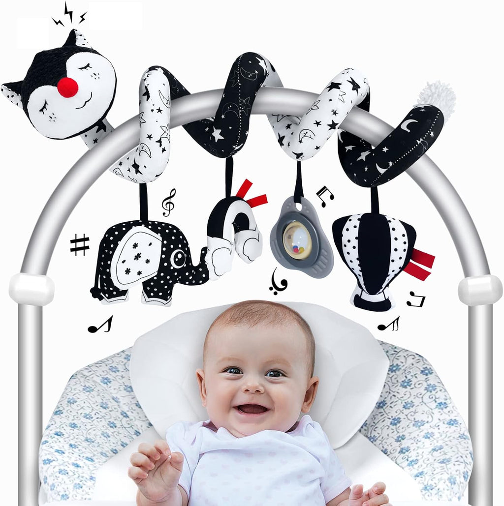 FATI Car Seat Toys for Babies 0-6 Months, Black and White High Contrast Baby Spiral Carseat Toy for Infant 0-3, 3-6 Newborn, Stroller Toys for 0 3 6 9 12 Months Baby Ideal Gift