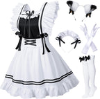 Classic French Maid Costume Apron Fancy Dress Cosplay Outfit Headwear Gloves Socks Set