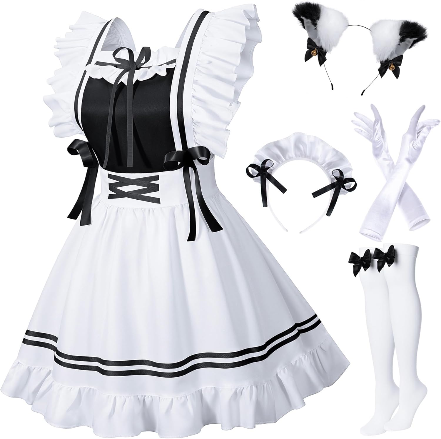 Classic French Maid Costume Apron Fancy Dress Cosplay Outfit Headwear Gloves Socks Set