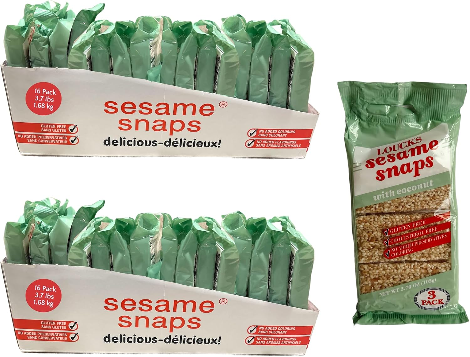 Loucks Coconut Sesame Snaps Candy Individually Wrapped 32 Three-Packs (96 Bars, 4 Snap Pieces/Bar) Vegan, Gluten-Free, Cholesterol-Free, Kosher Sesame Snack, No Preservatives, 7.4lbs 3.36kg