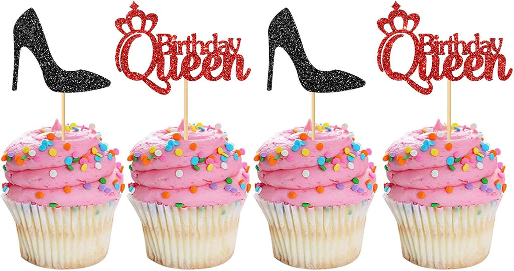 MonMon & Craft 24 Pcs Queen Birthday Cupcake Toppers for Women Girl's 1st 3rd 30th 40th Birthday Party,Gender Reveal Princess Party Cupcake Decorations,Red & Black Glitter Mom Birthday Cupcake Toppers