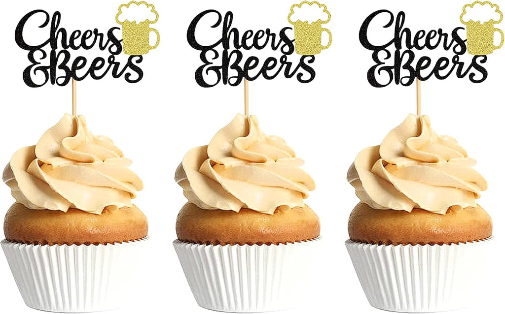 Ercadio 24 Pack Cheers and Beers Cupcake Toppers with Glitter Beer Mug Cupcake Picks Baby Shower Birthday Beers Festival Themed Party Cake Decorations Supplies Black