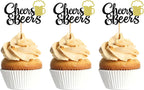 Ercadio 24 Pack Cheers and Beers Cupcake Toppers with Glitter Beer Mug Cupcake Picks Baby Shower Birthday Beers Festival Themed Party Cake Decorations Supplies Black