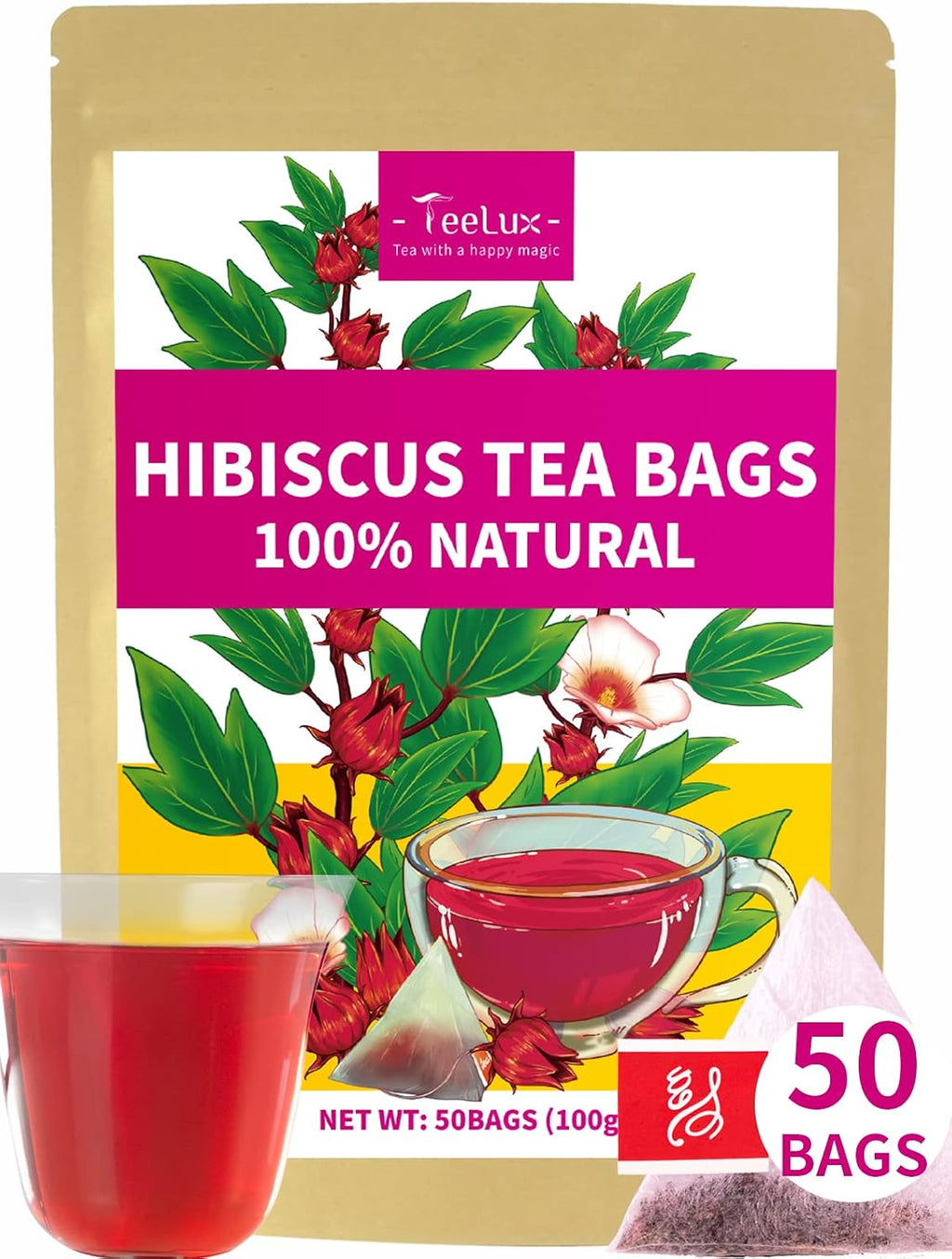 TeeLux Hibiscus Tea Bags, Natural Hibiscus Flowers Herbal Tea, Caffeine Free, Refreshing Tart Flavor, Hot & Iced Tea, 50 Count