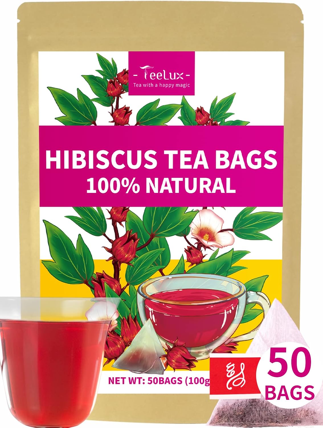 TeeLux Hibiscus Tea Bags, Natural Hibiscus Flowers Herbal Tea, Caffeine Free, Refreshing Tart Flavor, Hot & Iced Tea, 50 Count
