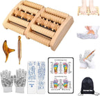 Wooden Foot Massager Roller with Reflexology Socks and Gloves Tools Set for Circulation, Pain Relief in Wide Feet, Health Promotion, Gift for Mom, Dad, or Elderly