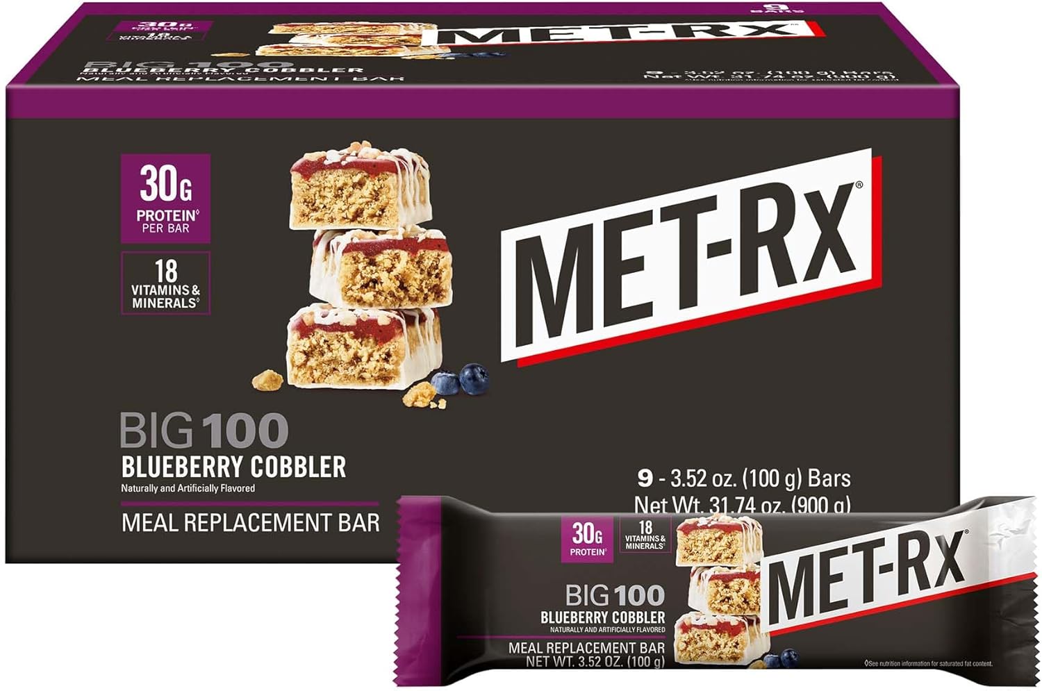 MET-Rx Big 100 Colossal Protein Bars, Healthy Meal Replacement Snack, Blueberry Cobbler, 3.52 oz, 4 Count