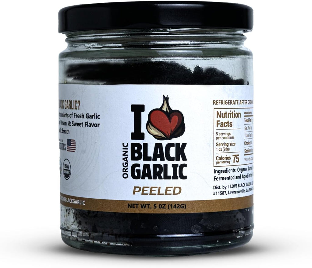 Organic Peeled Black Garlic Cloves in a Glass Jar Ready to Eat Sweet Savory Umami Ingredient for Cooking and Snacking Made in USA by I Love Black Garlic 5 oz