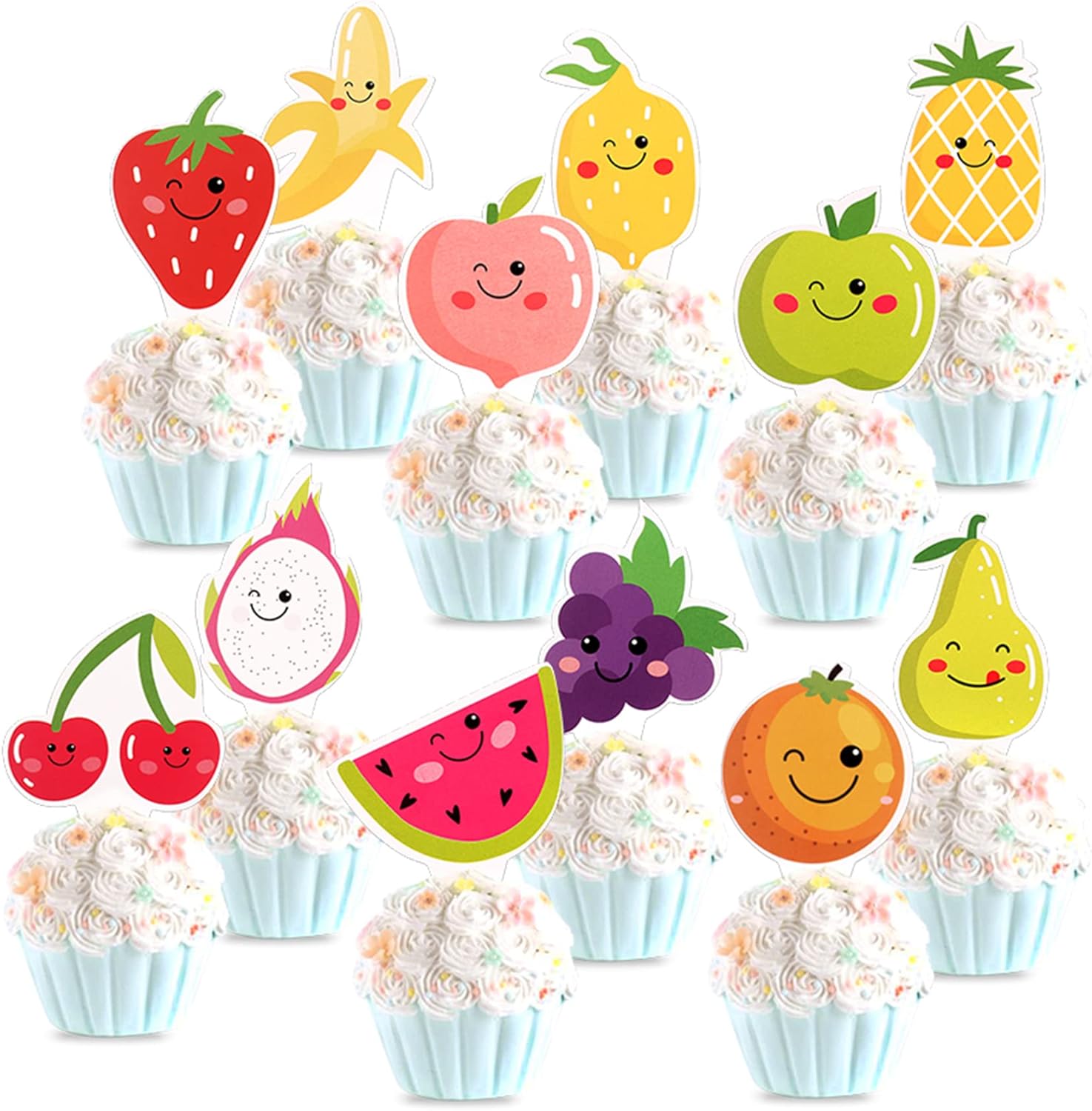 24Pcs Tutti Frutti Cupcake Toppers Cartoon Watermelon Lemon Strawberry Cherry Orange Cupcake Picks for Tutti Frutti Baby Shower Summers Fruit Birthday Cupcake Decorations