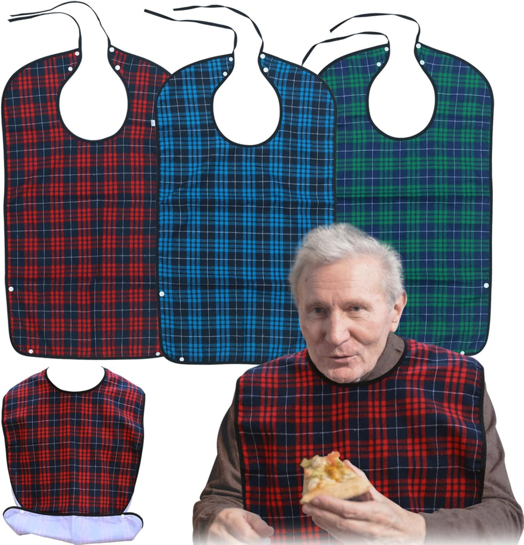 Adult Bibs for Men Pack of 3 - Reusable Bibs for Adult Eating, Clothing Protector with Crumb Catcher, Waterproof & Machine Washable Large Bids for Elderly Seniors Gifts for Men/Dad/Father