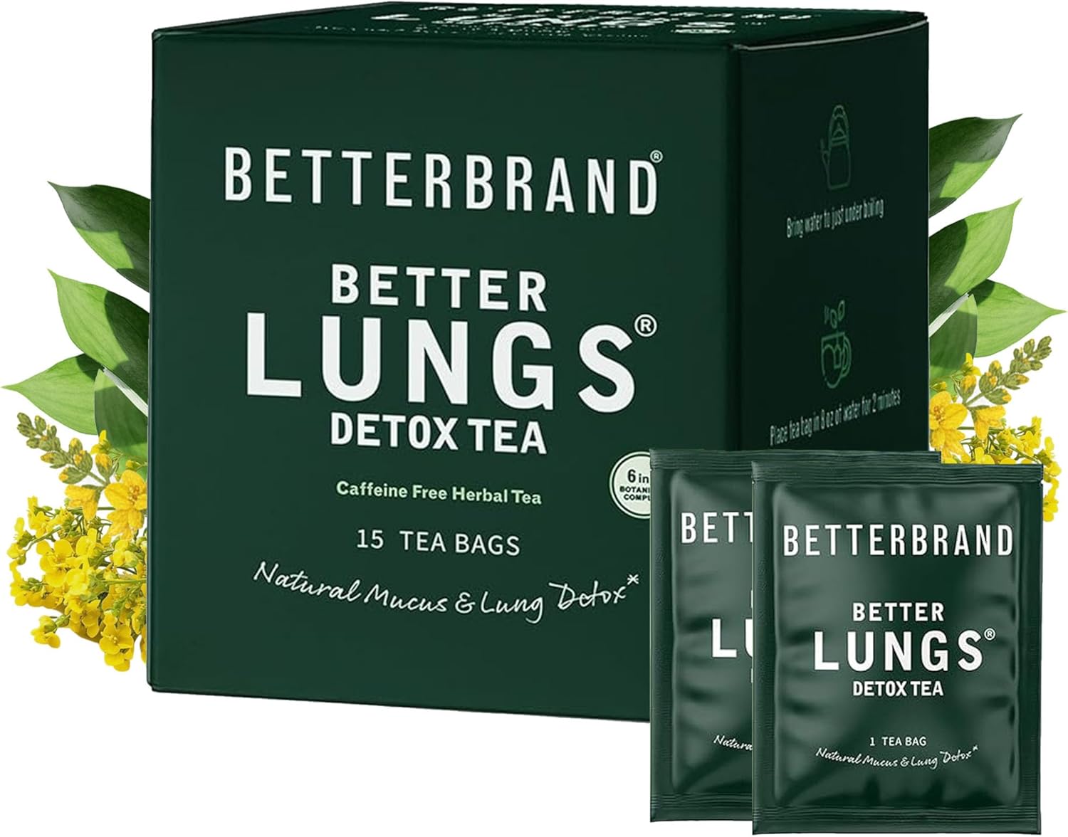 Betterbrand Mullein Tea Bags for Lung Detox - Respiratory Support with Thyme, Elderberry, Ginseng, Ginger, Caffeine Free Herbal Blend - 15 Tea Bags (Pack of 1)