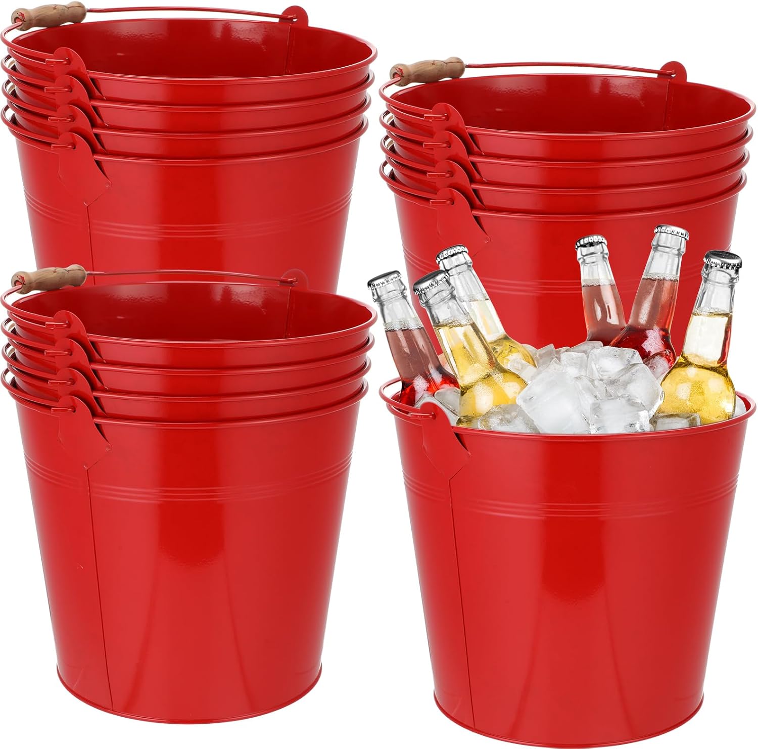 Didaey 12 Pcs Large Galvanized Metal Buckets with Handle 10 Inch Heavy Duty Stainless Steel Pails Round Pail for Party Wedding, Crafts, Utensils, Table Centerpieces (Red)