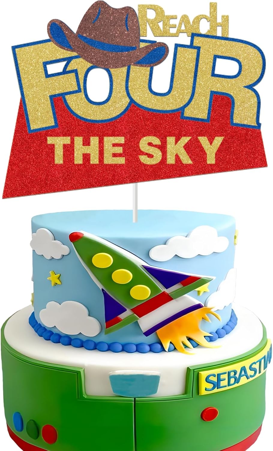 Reach Four the Sky Cake Topper - Outer Space Theme 4th Birthday Cake Picks for Kids Boys Girls - Toy Inspired Four Years Old Birthday Party Supplies