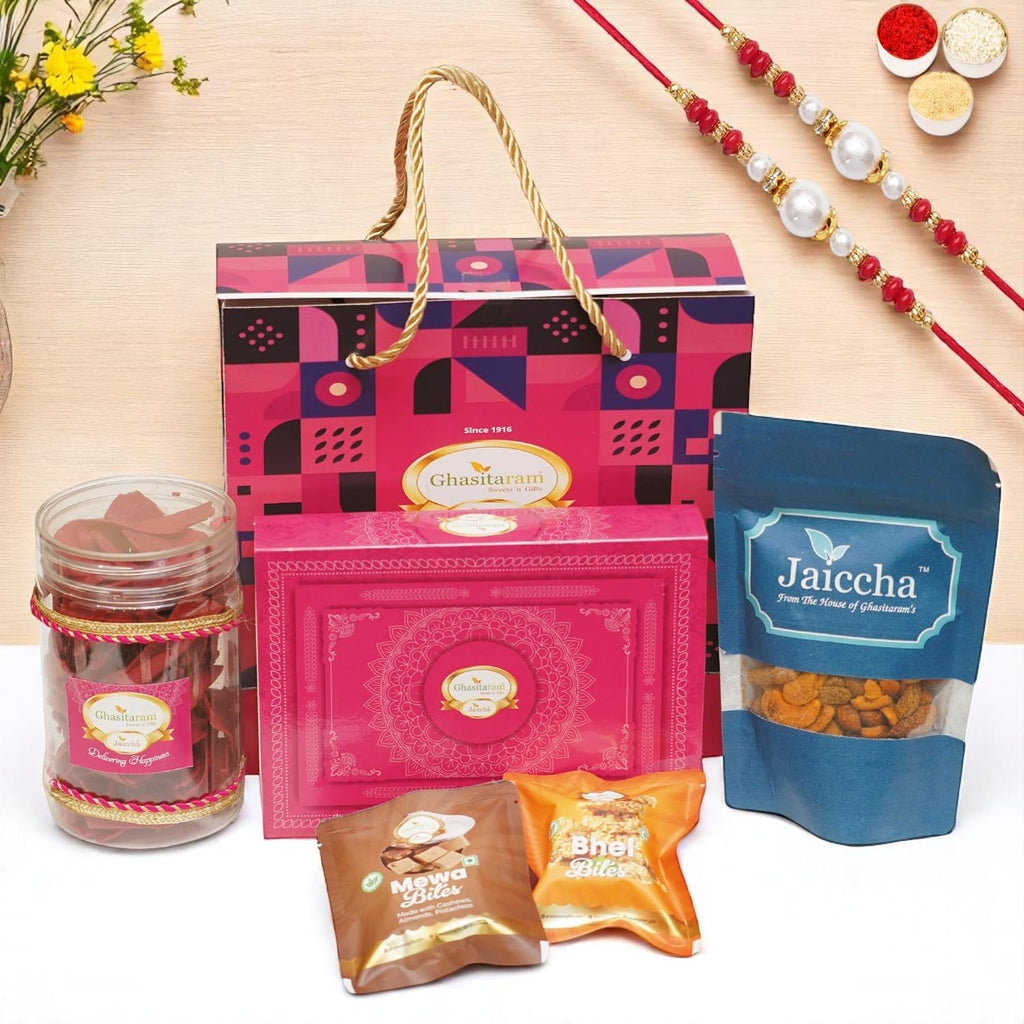 Ghasitaram Gifts Jaiccha Rakhi for Brother - Bag Gift Box with milk cake, namkeen, dryfruit and 2 rakhis
