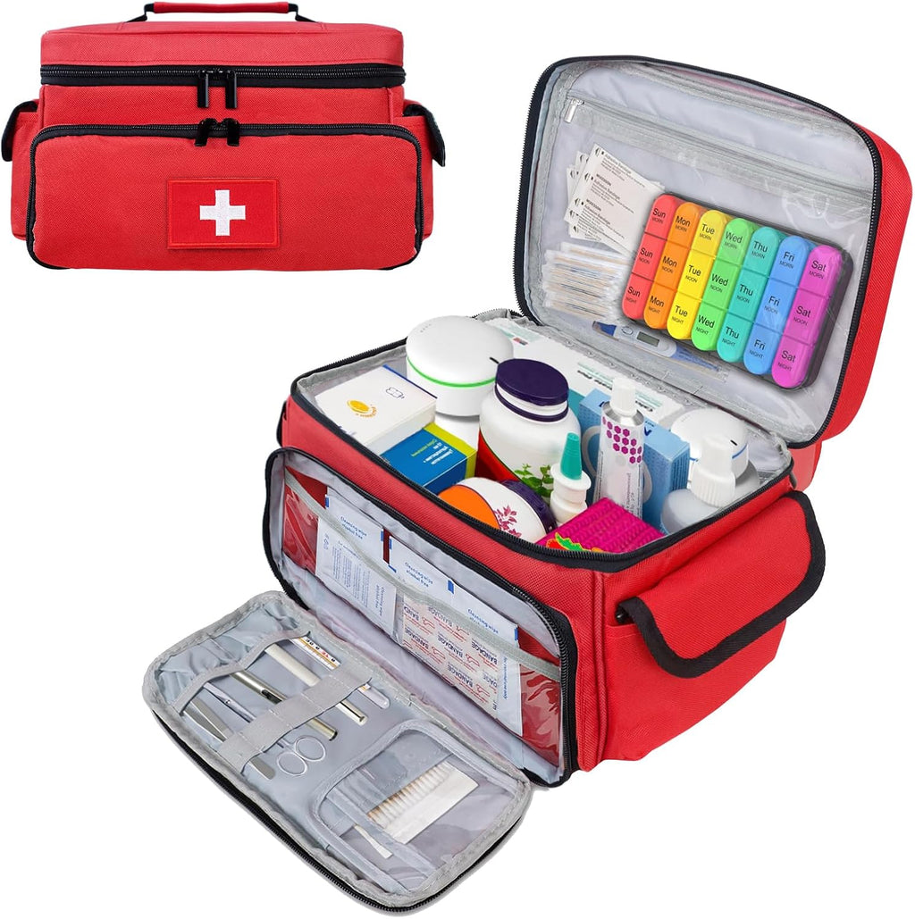 First Aid Bag Empty First Aid Kit Storage Box 12" x 9" x 7" Medical Bag Portable Pill Bottle Organizer Case for Car, Travel, Office, Outdoor, Camping, Hiking, School (Red)