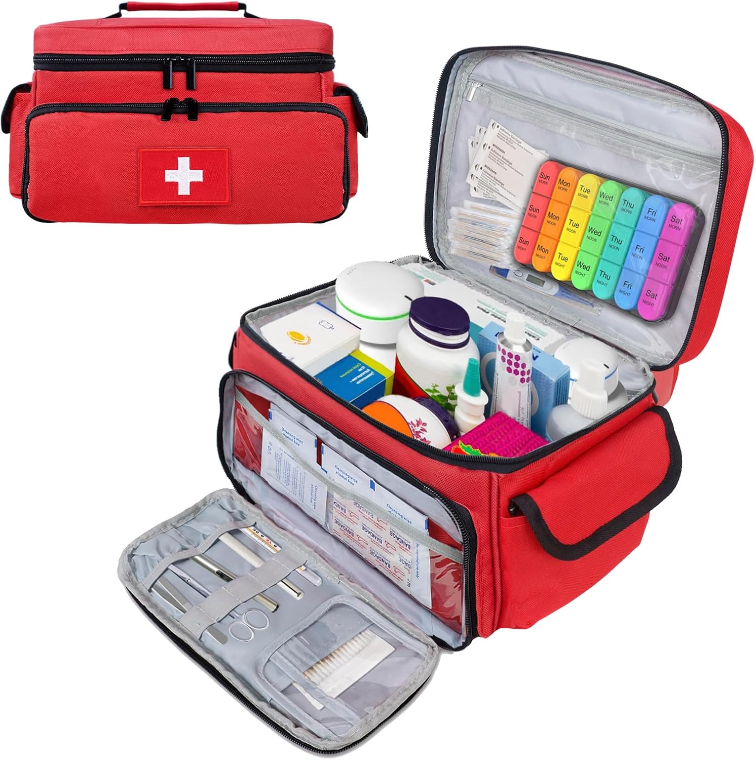 First Aid Bag Empty First Aid Kit Storage Box 12" x 9" x 7" Medical Bag Portable Pill Bottle Organizer Case for Car, Travel, Office, Outdoor, Camping, Hiking, School (Red)