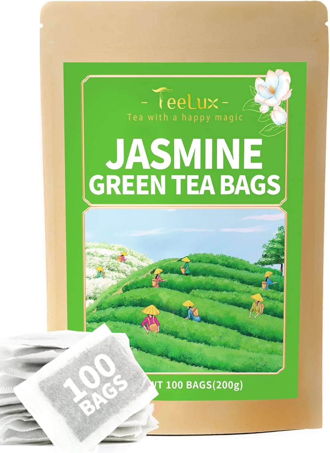 TeeLux Jasmine Green Tea Bags, Natural Caffeinated Jasmine Scented Green Tea with Pleasant Aroma, 100 Count Tea Bags